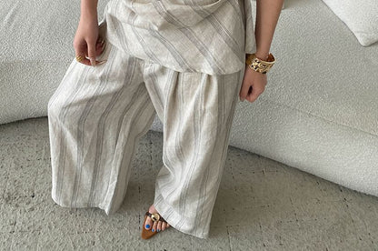 Scoop Neck Sleeveless Striped Top with Drawstring Wide Leg Pants