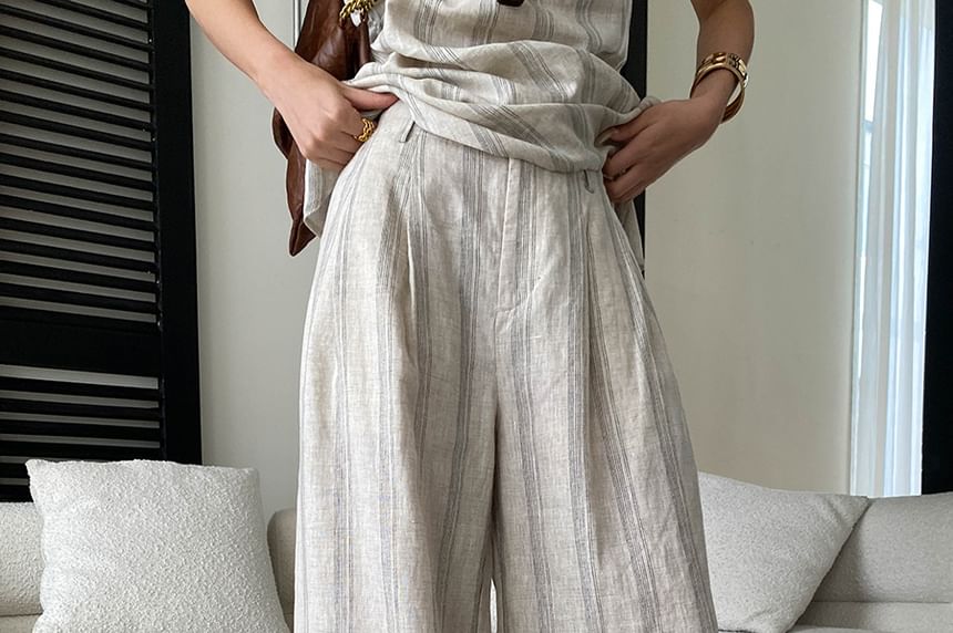 Scoop Neck Sleeveless Striped Top with Drawstring Wide Leg Pants