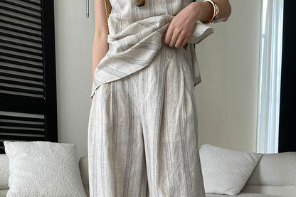 Scoop Neck Sleeveless Striped Top with Drawstring Wide Leg Pants