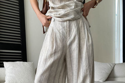 Scoop Neck Sleeveless Striped Top with Drawstring Wide Leg Pants