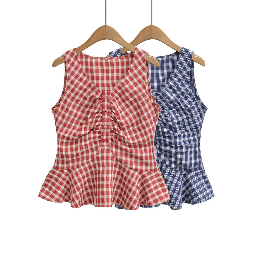 V-Neck Sleeveless Plaid Ruched Ruffle Trim Blouse