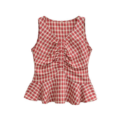 V-Neck Sleeveless Plaid Ruched Ruffle Trim Blouse