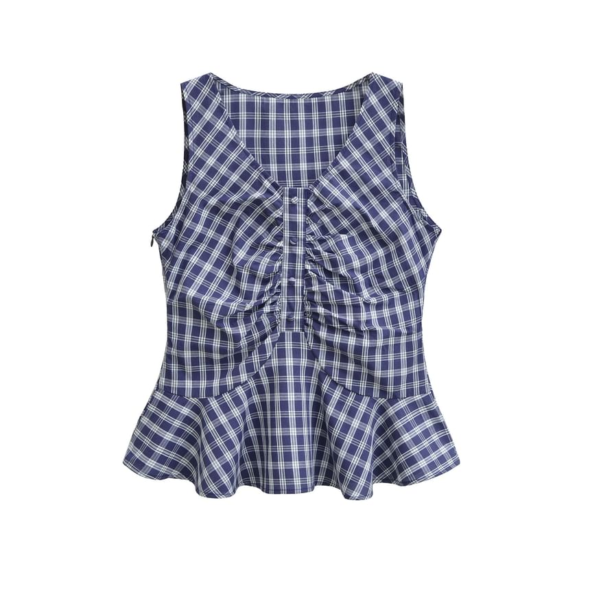 V-Neck Sleeveless Plaid Ruched Ruffle Trim Blouse