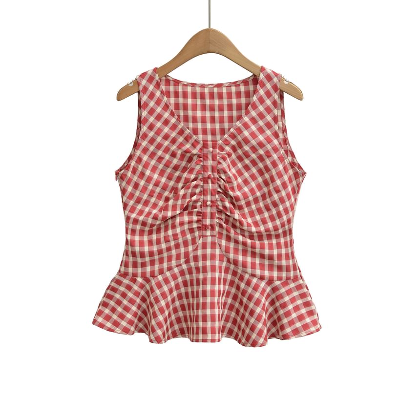 V-Neck Sleeveless Plaid Ruched Ruffle Trim Blouse