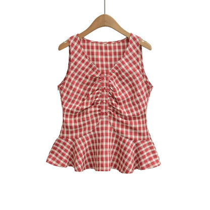 V-Neck Sleeveless Plaid Ruched Ruffle Trim Blouse