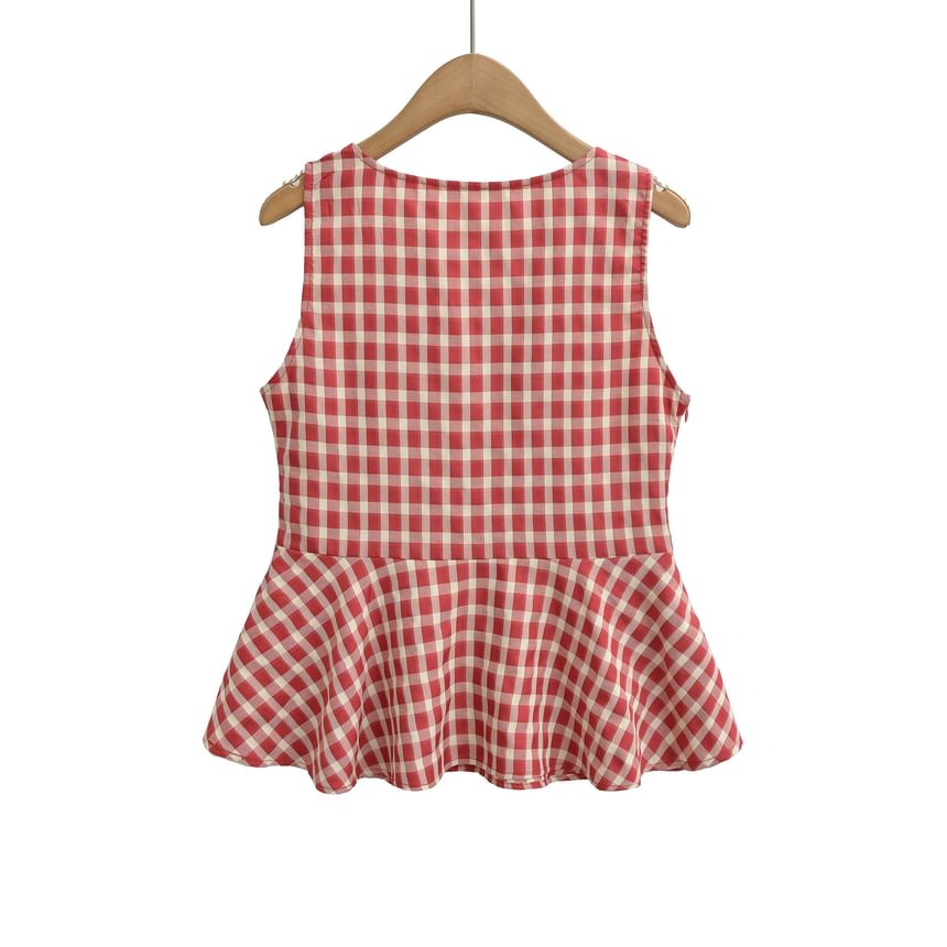 V-Neck Sleeveless Plaid Ruched Ruffle Trim Blouse