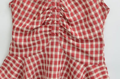 V-Neck Sleeveless Plaid Ruched Ruffle Trim Blouse
