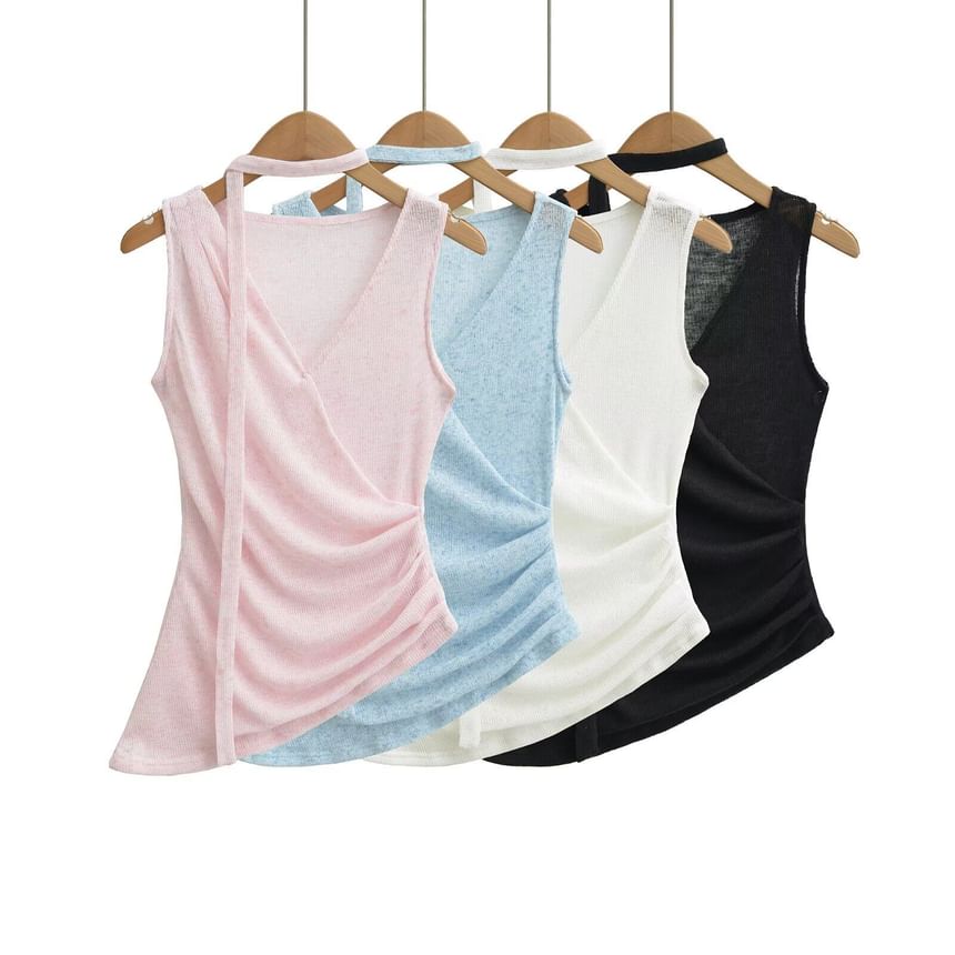 V-Neck Sleeveless Ruched Top with Sash