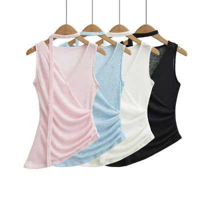 V-Neck Sleeveless Ruched Top with Sash