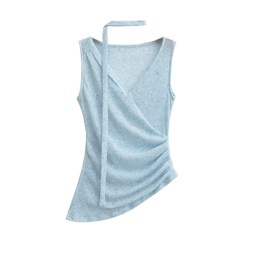 V-Neck Sleeveless Ruched Top with Sash