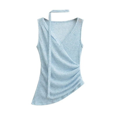 V-Neck Sleeveless Ruched Top with Sash
