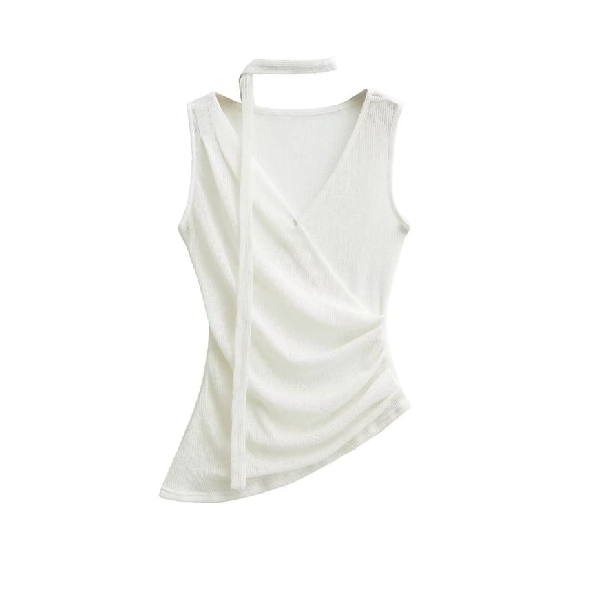 V-Neck Sleeveless Ruched Top with Sash