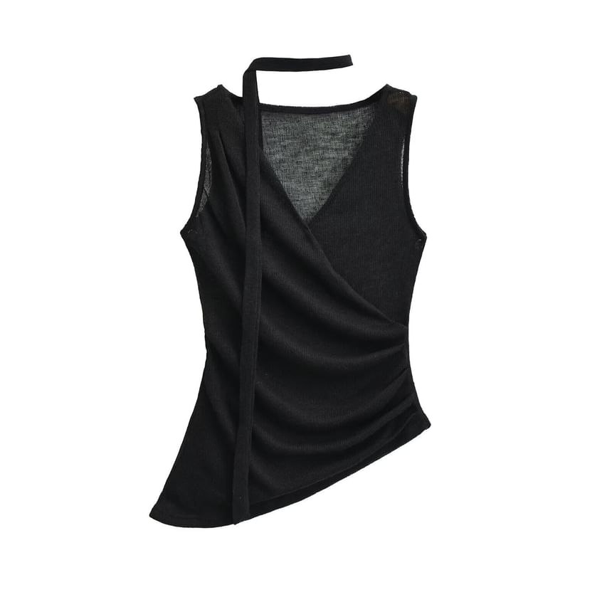 V-Neck Sleeveless Ruched Top with Sash