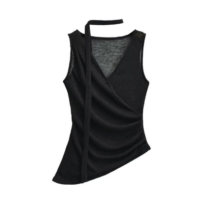V-Neck Sleeveless Ruched Top with Sash