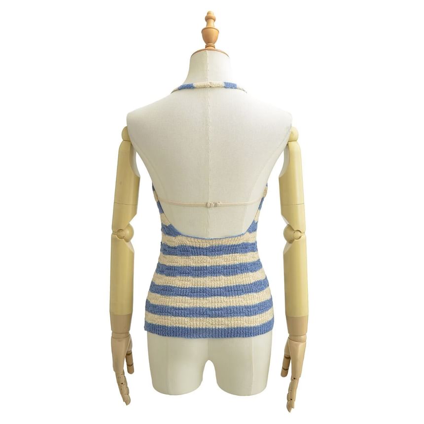 Halter Neck Striped Knit Top