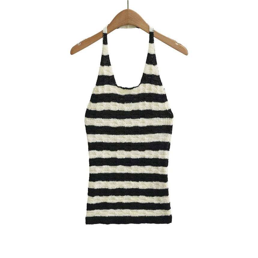 Halter Neck Striped Knit Top