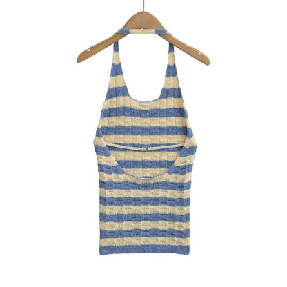 Halter Neck Striped Knit Top