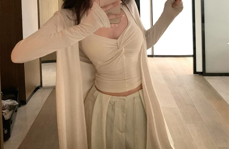 Halter V-Neck Ruched Open Back Crop Top with Wide Leg Pants and Cardigan Set