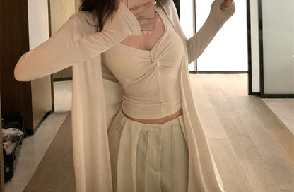 Halter V-Neck Ruched Open Back Crop Top with Wide Leg Pants and Cardigan Set