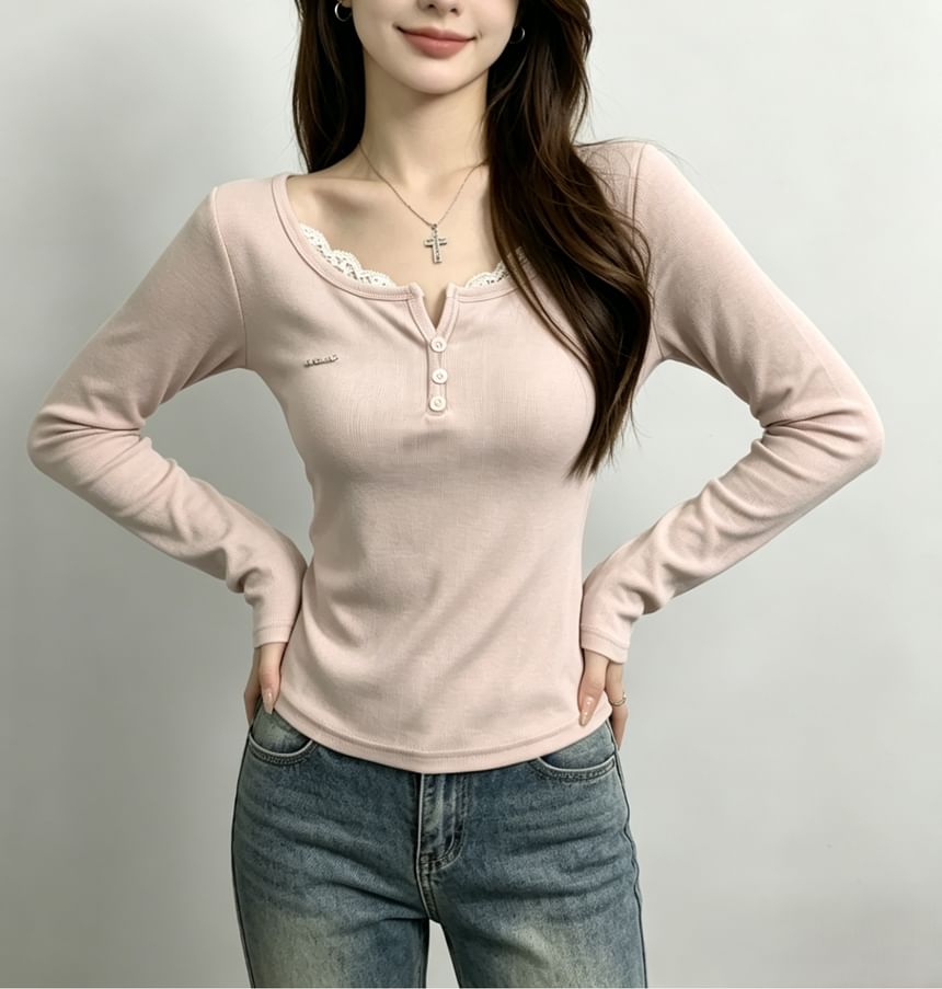 Henley-Style Lace Trim Long-Sleeve Tee