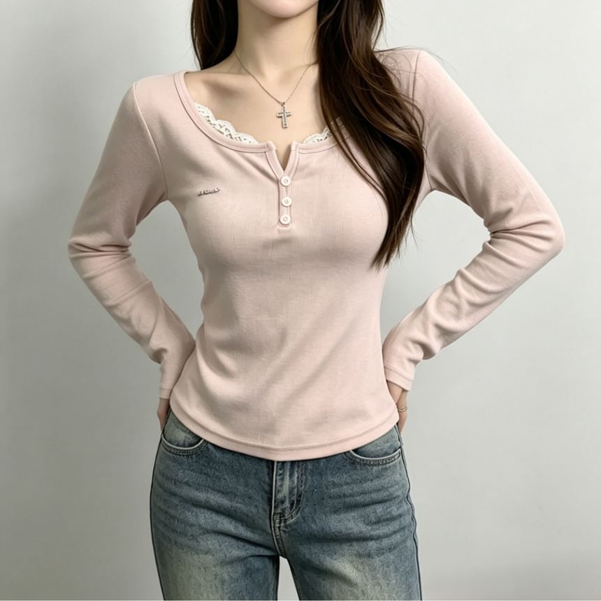 Henley-Style Lace Trim Long-Sleeve Tee