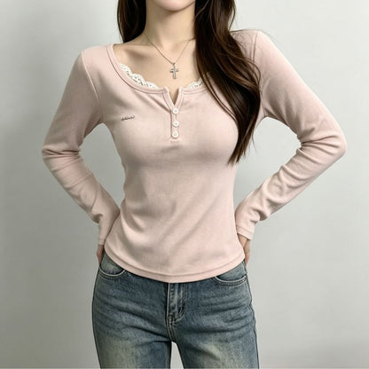 Henley-Style Lace Trim Long-Sleeve Tee