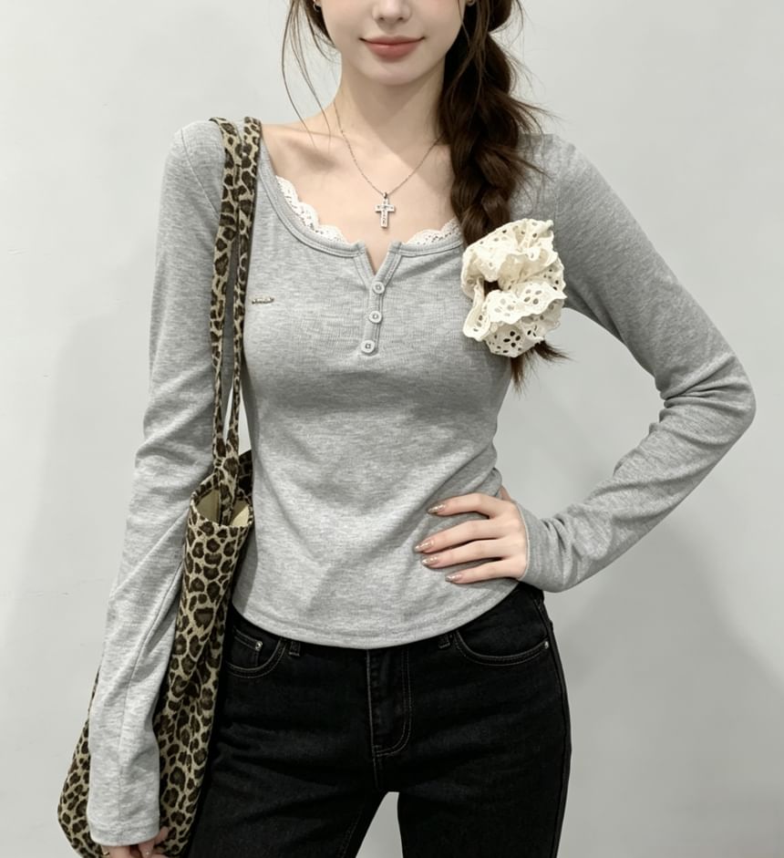 Henley-Style Lace Trim Long-Sleeve Tee