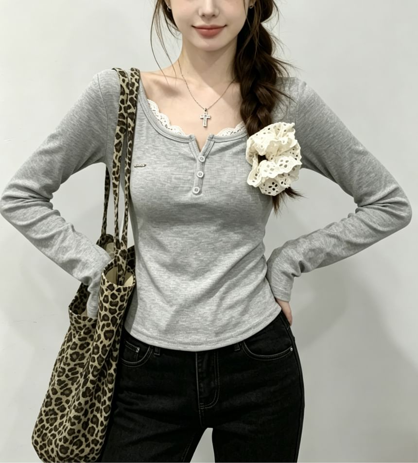 Henley-Style Lace Trim Long-Sleeve Tee