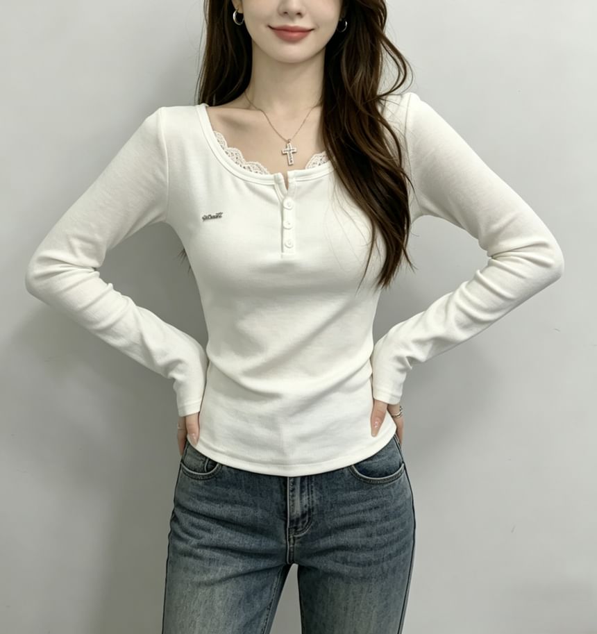 Henley-Style Lace Trim Long-Sleeve Tee
