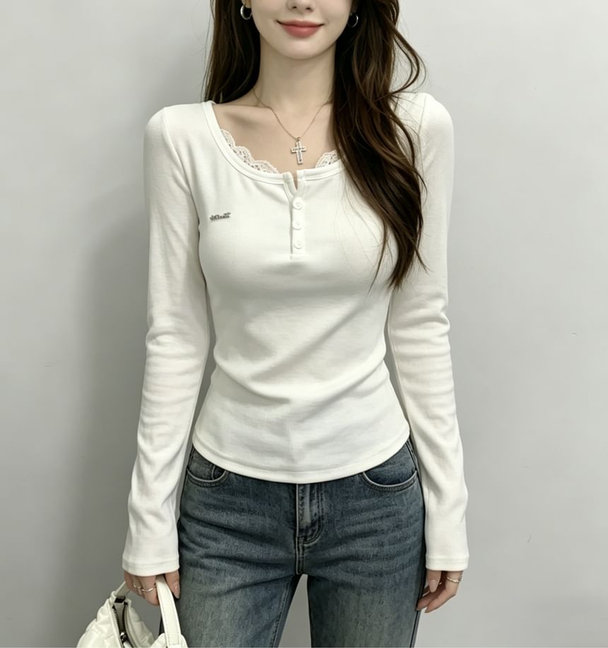 Henley-Style Lace Trim Long-Sleeve Tee