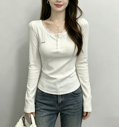 Henley-Style Lace Trim Long-Sleeve Tee