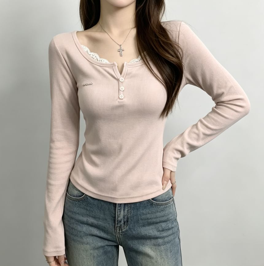 Henley-Style Lace Trim Long-Sleeve Tee