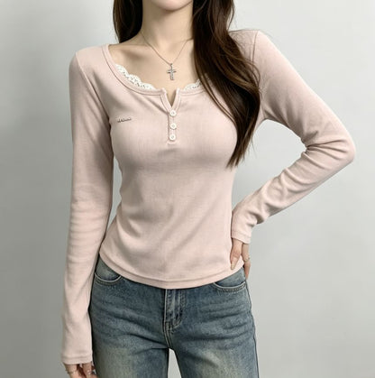 Henley-Style Lace Trim Long-Sleeve Tee