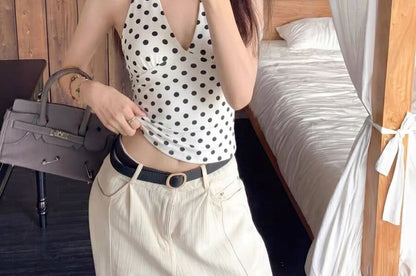 Polka Dot Halter Open Back Crop Top