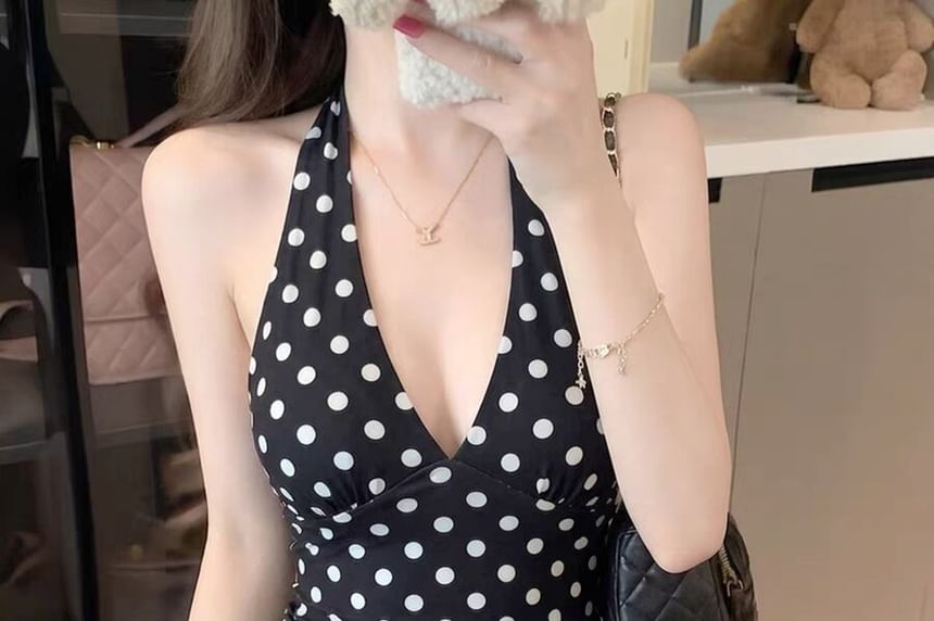 Polka Dot Halter Open Back Crop Top