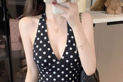 Polka Dot Halter Open Back Crop Top