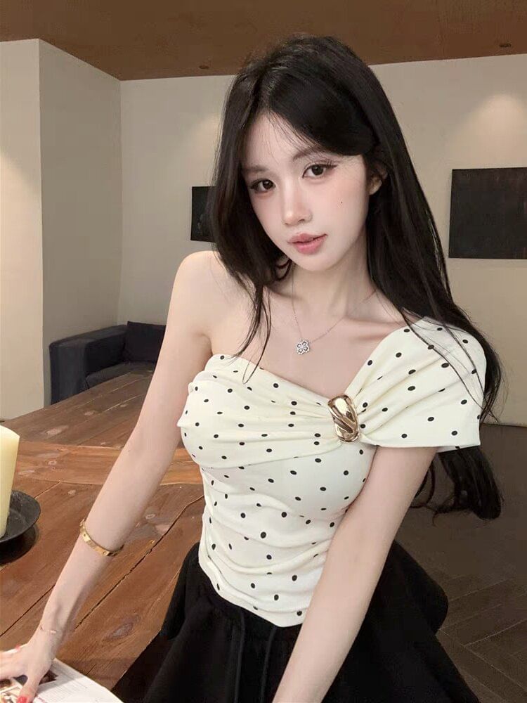 Polka Dot Ruched One-Shoulder Crop Tee
