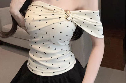 Polka Dot Ruched One-Shoulder Crop Tee