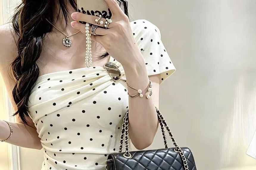 Polka Dot Ruched One-Shoulder Crop Tee