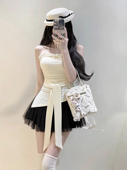 Frill Trim Ruched Tube Top