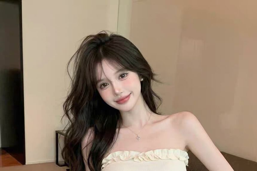 Frill Trim Ruched Tube Top
