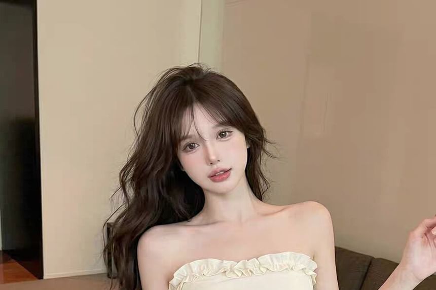 Frill Trim Ruched Tube Top