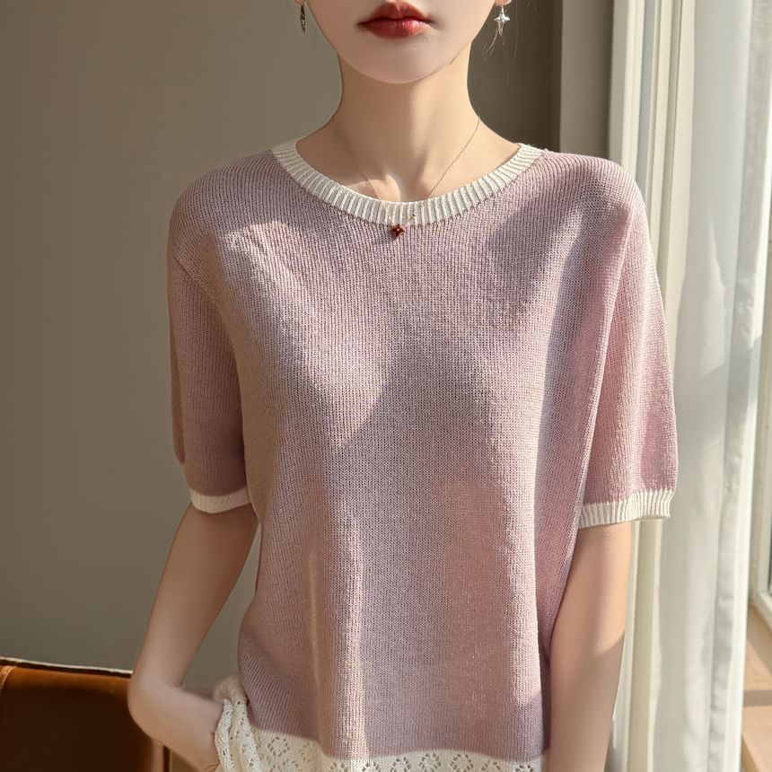 Two Tone Pointelle Knit Top