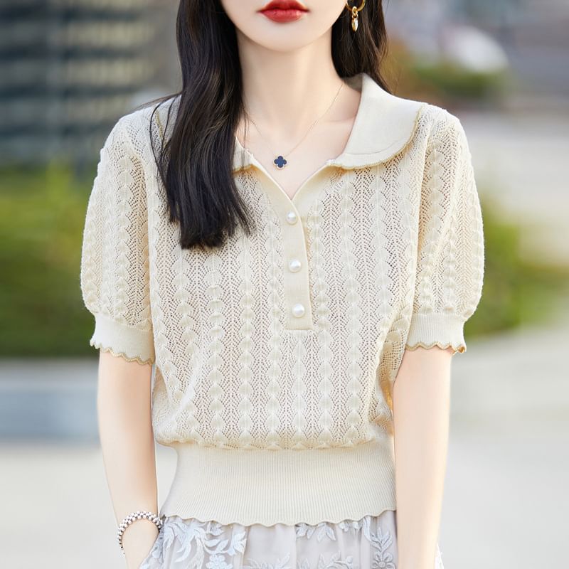 Cable Knit Top with Contrast Trim and Pearl Buttons