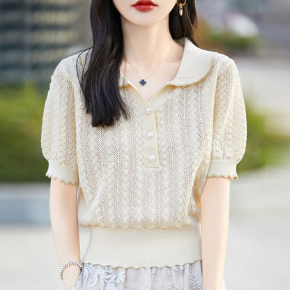 Cable Knit Top with Contrast Trim and Pearl Buttons