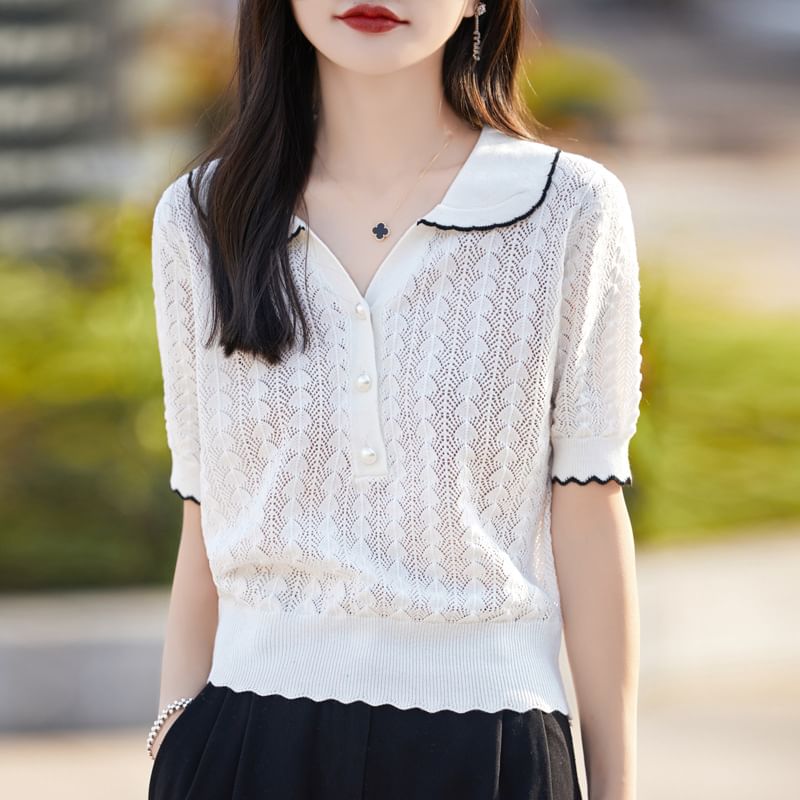 Cable Knit Top with Contrast Trim and Pearl Buttons