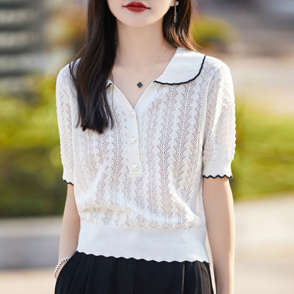Cable Knit Top with Contrast Trim and Pearl Buttons