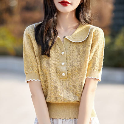 Cable Knit Top with Contrast Trim and Pearl Buttons