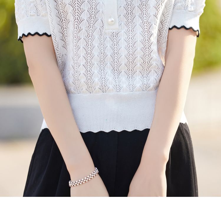 Cable Knit Top with Contrast Trim and Pearl Buttons