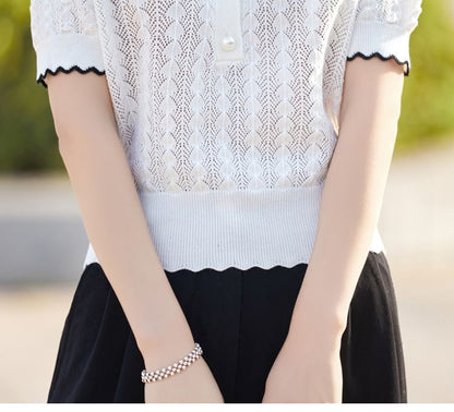 Cable Knit Top with Contrast Trim and Pearl Buttons